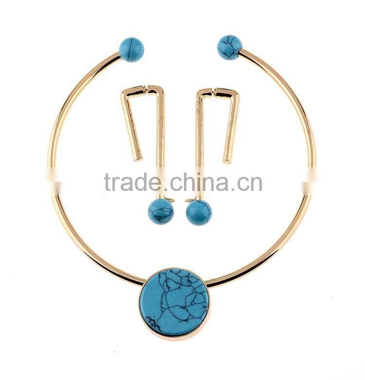 Fashionable Turquoise Jewelry Gold Choker Earrings Necklace Set