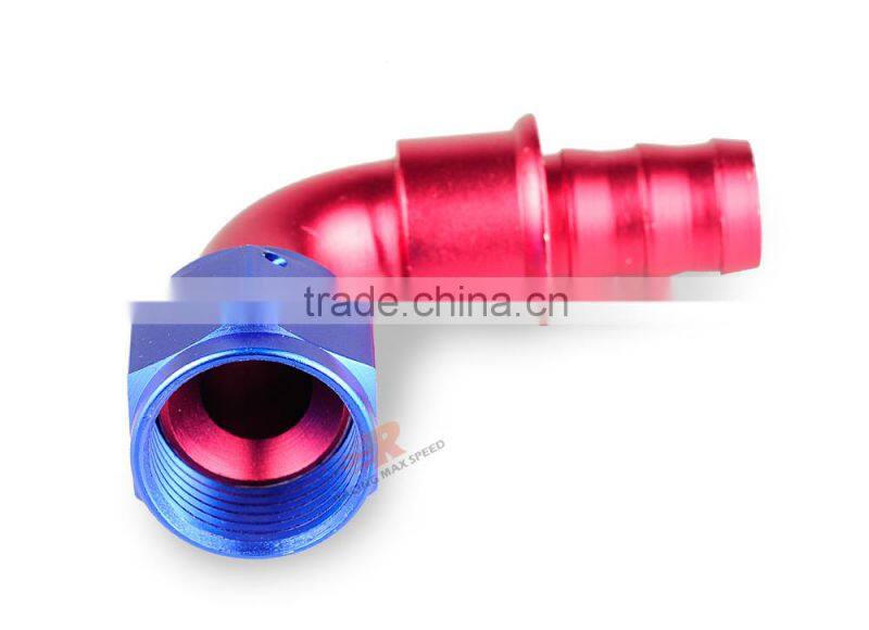 Aluminum oil cooler hose fitting 90 degree push on hose end push on fitting blue and red 10-090-10