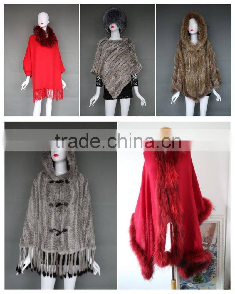 Wholesale Ladies Latest Cashmere Shawl & Fur Cape With Raccoon Fur Trims