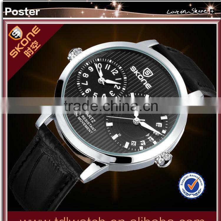 SKONE 9142 White Dial Black Leather Band water proof water resistant watch