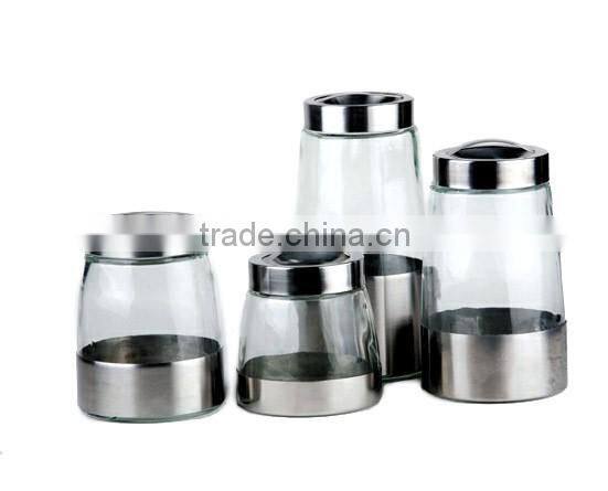 fashional metal skin kitchenware glass condiment jar set with metal lids