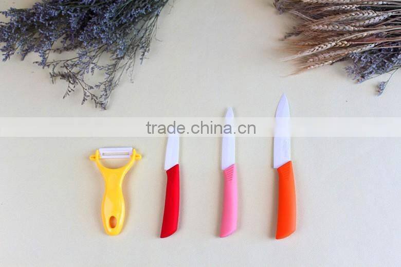Most Attractive Colorful Handle Ceramic Kitchen Knife Set with Peeler White Blade in Knife Stand