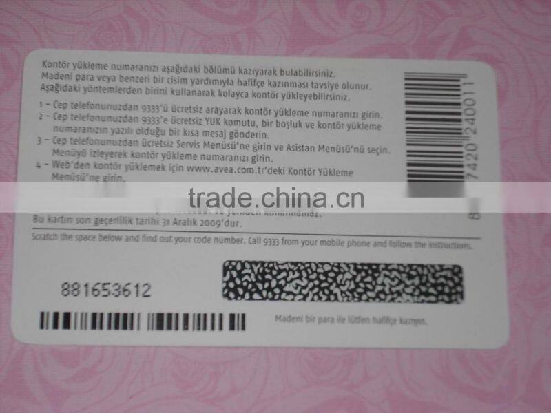 PVC Top up scratch card for mobile phone scratch card