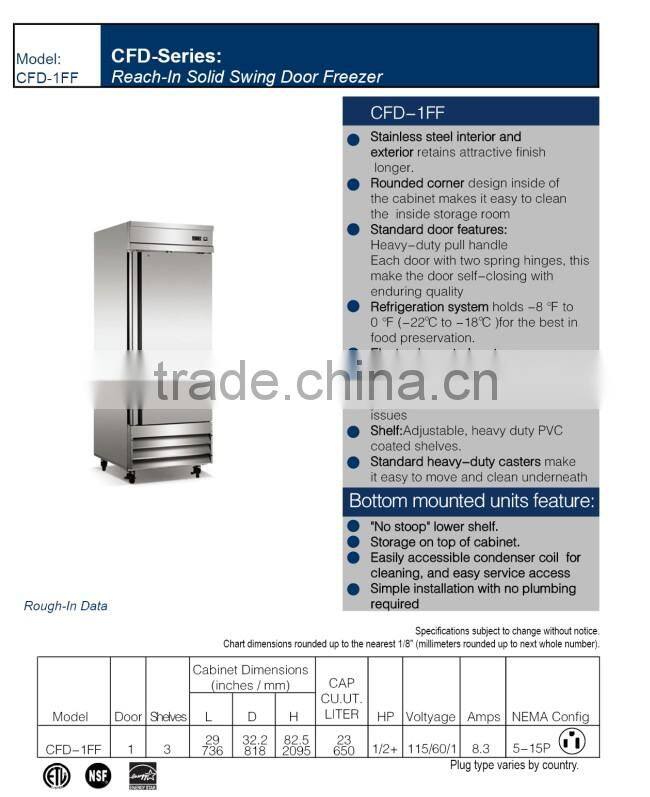 Reach In Stainless Steel Commercial Freezer-1 Door