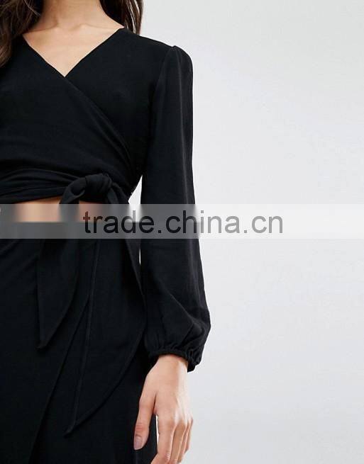 Lace Back patchwork Designer Plain Black long Sleeve wrap crop tops for women 2016