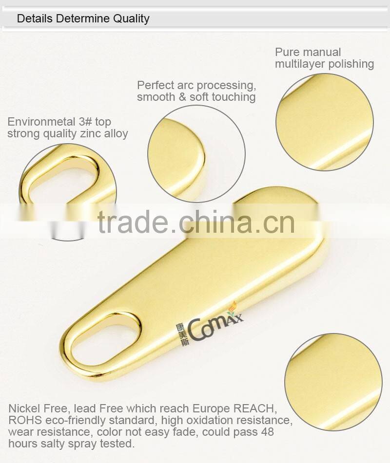 Custom Zinc Metal Flat Zip Puller and Slider With Plating Gold For Bag
