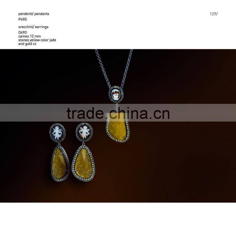 Hot Product Fashion Jewelry 925 Silver Handmade Stones Yellow Cameo Jewelry Set Made in Italy P49G cameo 12mm & O49G cameo 12mm