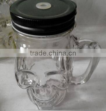 cheap stylish skull head glass mason mug with handle and black lid