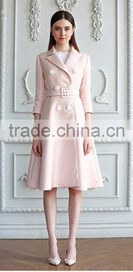 Classic Elegant Ladies Pinched Waist Solid Color Double Breasted Long windbreaker Wind Coat