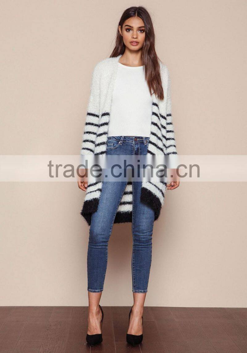 MGOO 2016 New Arrival Fuzzy White Striped Cardigan Women Knit Tops Cashmere Sweaters Women Clothing