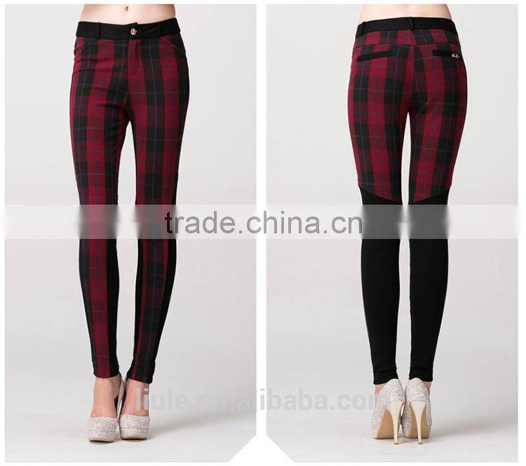 red plaid women casual pants with elastic fabric