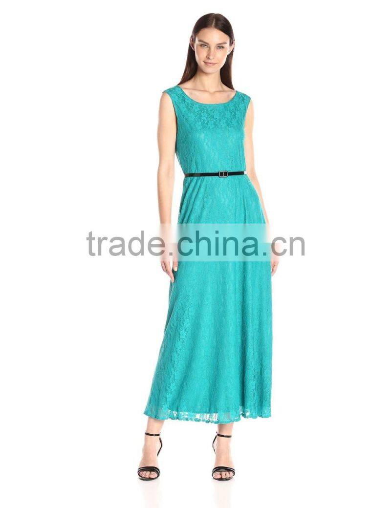 Women's Sleeveless Lace Skater Maxi Dress with Belt