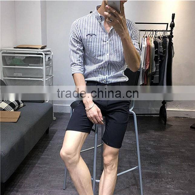 Cultivate one's morality men striped sleeves shirts washed cotton embroidery