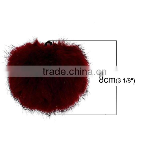 Angora Pom Pom Balls DIY Craft Decoration Wine Red With Ring 80mm Dia.