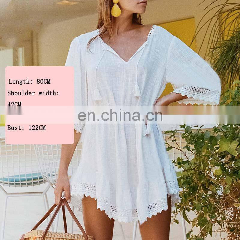 V neck Beach Cover up Sarong White Cotton Beach Dress Tunic Bikini cover up Kaftan Beach Swimsuit cover up Saida de Praia