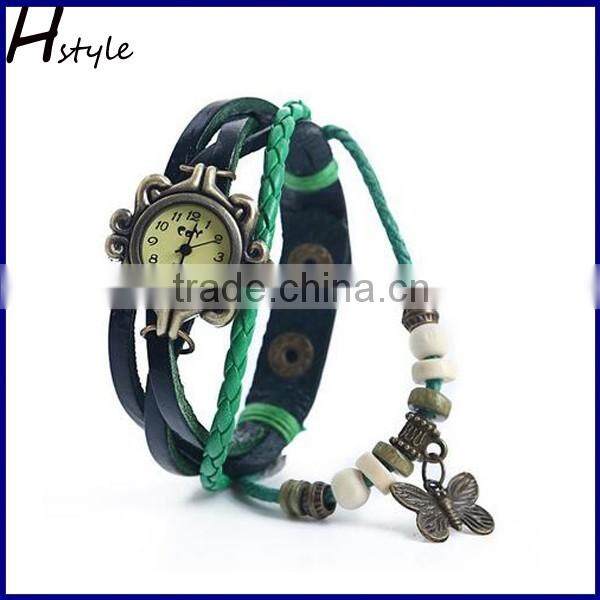 Women's Charm Butterfly Pendants Weave Wrap Around Leather Belt Bracelet Watch BLACK WP008