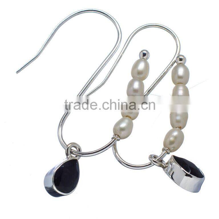 BLACK ONYX AND PEARL EARRING 925 SOLID STERLING,SILVER EXPORTER,STERLING SILVER JEWELRY,SILVER EARRING