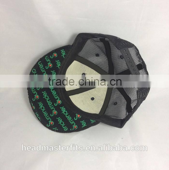 Custom embroidery black knitted crochet printed flat underbrim mesh trucker snapback cap