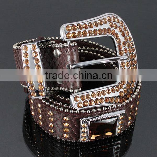 Wholesale Women's One Line Rhinestone Orange Leather Stud Accent Belt