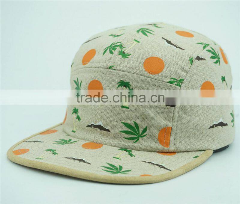 Hemp fabric custom design 5 panel cap with printing