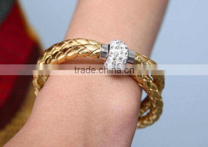 2014 leather bracelet, crystal rhinestone bracelet, leather rhinestone bracelet, genuine leather womens magnetic bracelet