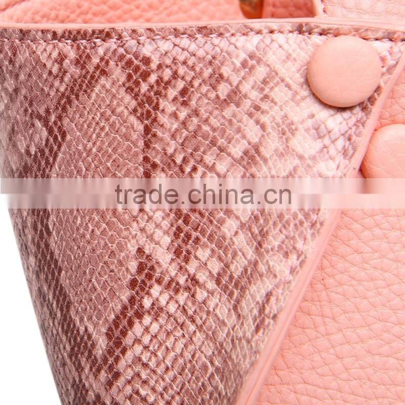 Wholesale fancy nice look pink snake skin pattern genuine leather handbag