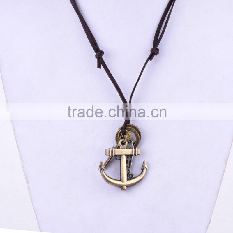 Genuine Leather Necklace with Antique Brass Anchor Pendant.