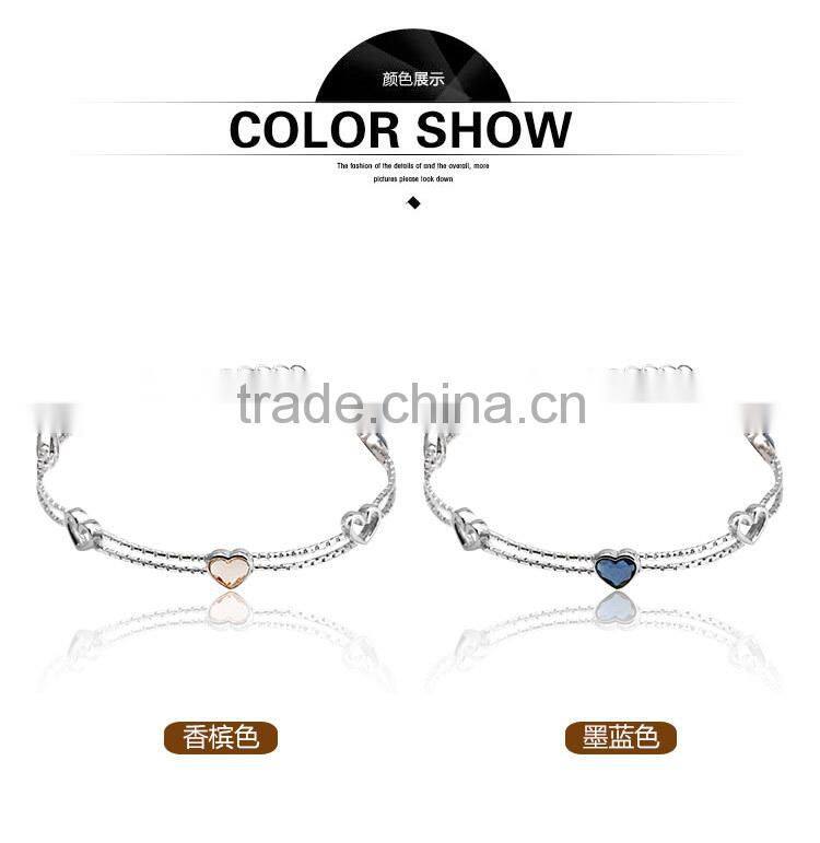 OUXI Concise Style heart shaped Silver&Blue crystal chain bracelet Y50005