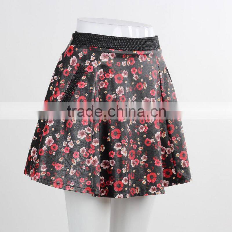 F5S43014 New Design Contrast Waistband Skater Skirt Women Floral Print Leather Skirts
