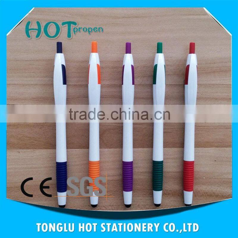 promotion click action screen touch ball pen with soft grip, white barrel pen