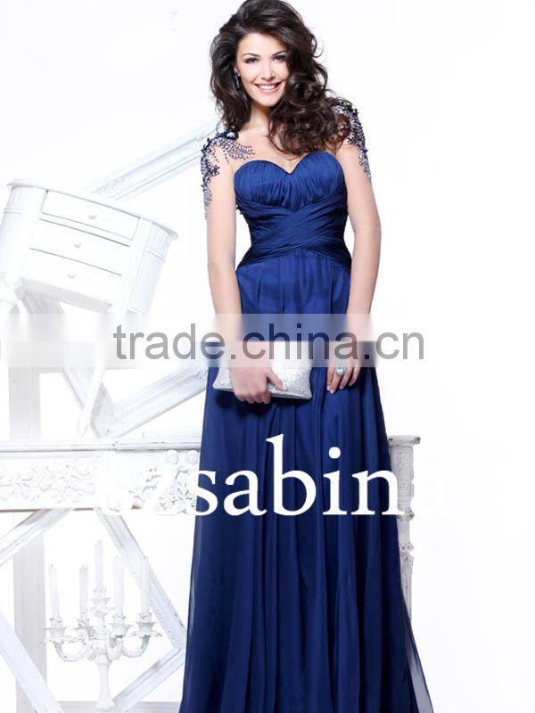 E0205 See Through Back Royal Blue Sweetheart Chiffon Long Beaded Evening Gown Dress