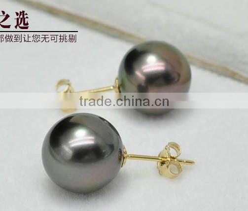18K gold AAA peacock green tahitian pearl earrings