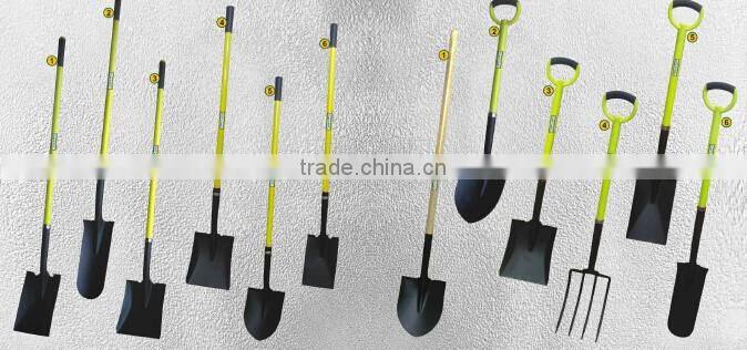 Carbon steel short handle shovel mini spade with fiberglass blue D grip antislip handle