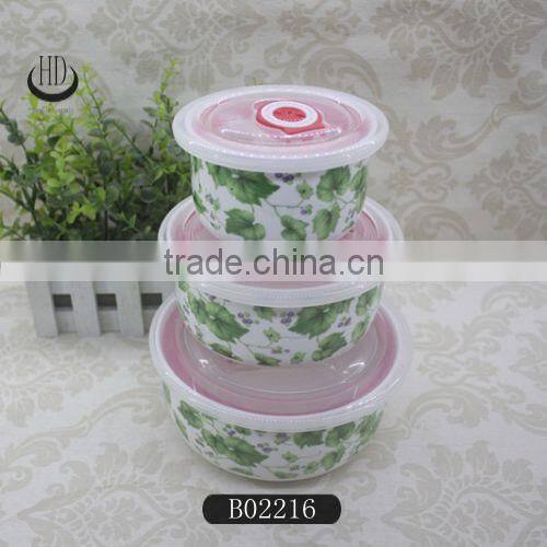3pcs Set Salad Bowl with Lid, 3pcs ceramic bowl set with plastic lid