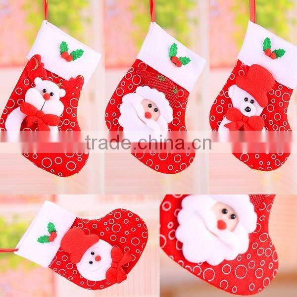 Polyester Xmas stocking holder wool felt Christmas sock with merry Christmas bell embroidered adorned Santa Claus head snowflake