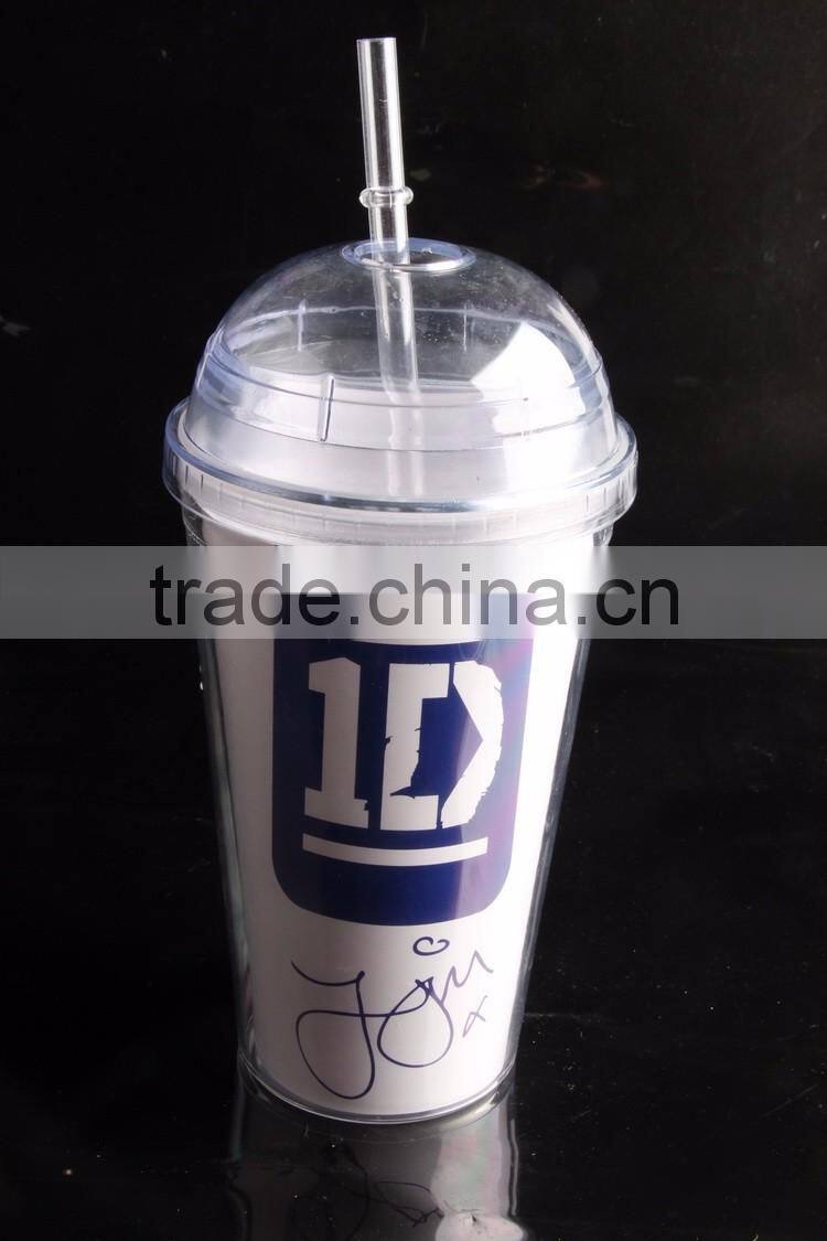 16 Oz Plastic Clear Dome Lid Double Wall Tumbler with Straw