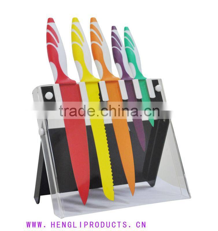color non-stick coated blade kitchen knife set with acylic stand