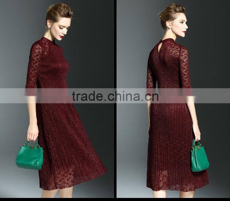 Elegant lady lace hollow out embroidery A-line pleated fold lace dress