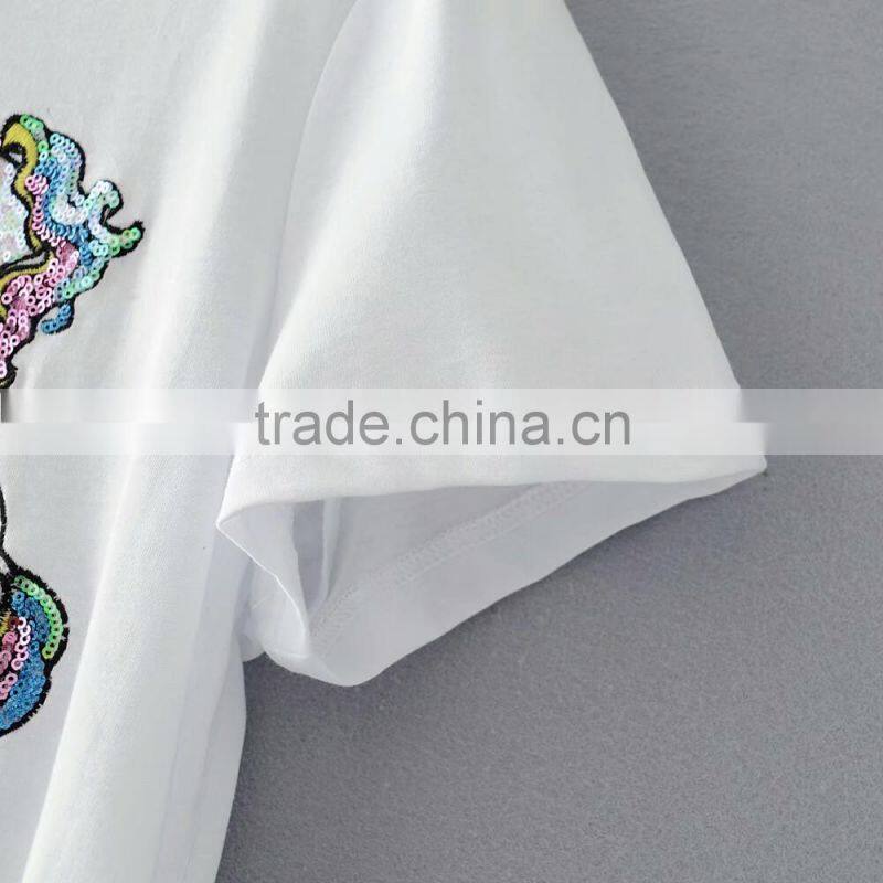 Women wholesale unicorn embroidery beaded white t-shirt