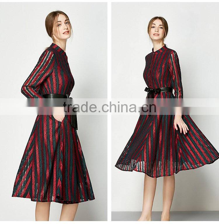 Stylish Women's black long sleeve Striped Pattern Lace long Patchwork Party Long Dress