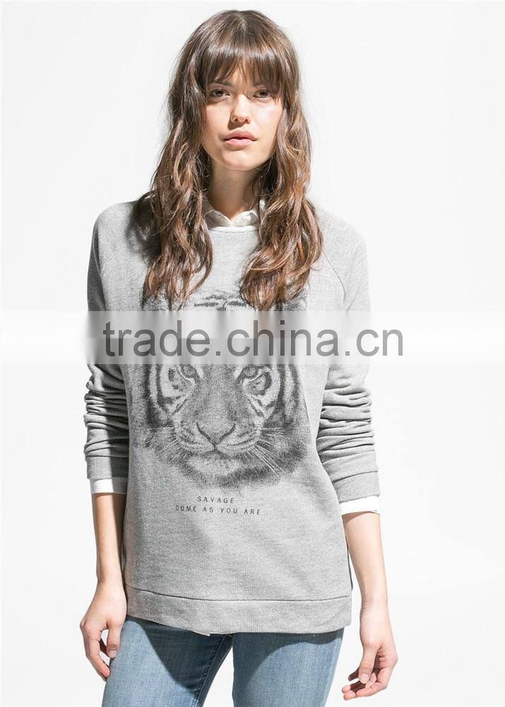 tiger printed grey womens sweatshirts without hood wholesale
