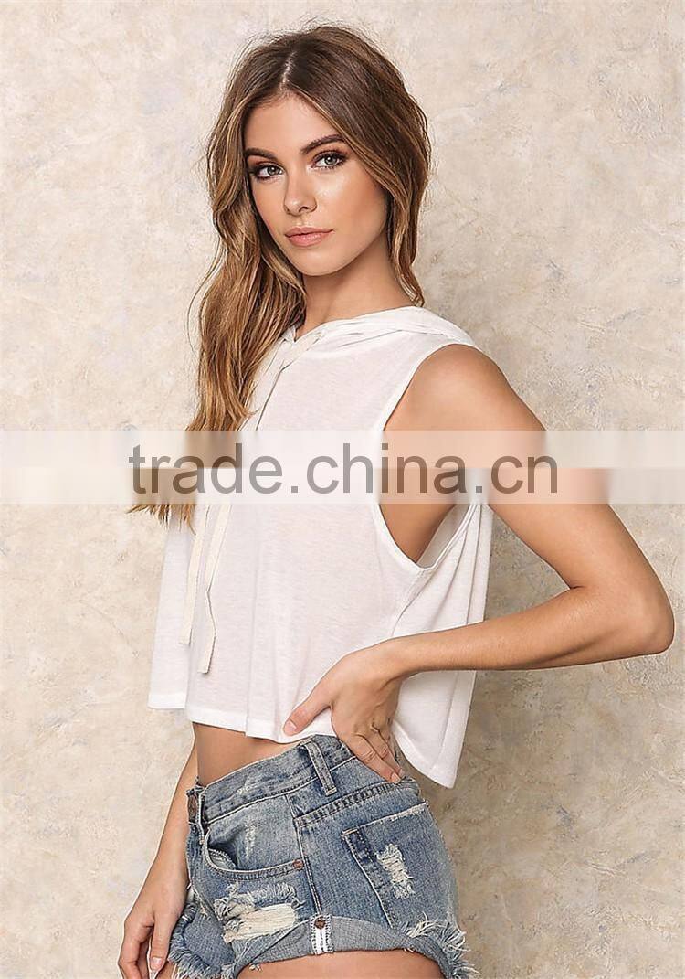 MGOO 2017 New Arrival Off White Jersey Crop Hoodies Custom 100% Cotton Plain Basic Sleeveless Running Tops