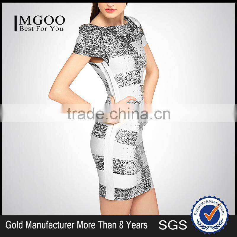 MGOO Wholesale 2015 Dress Manufacturer OEM Short Sleeves Women Work Dress Bandage Spandex Plaid Shinning Dress H265