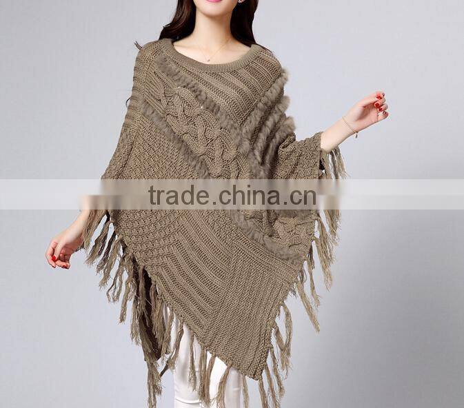 cable knitted ponchos women faux fur poncho rabbit fur ponchos