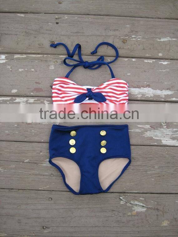 Wholesale Swimsuit Set Pink Stripe Dress Ruffle Bloomer Bowknot Headband
