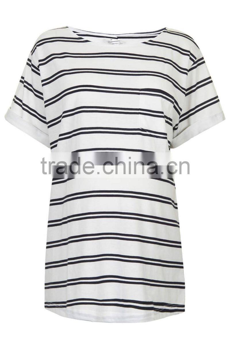 Cheap double stripe short sleeves maternity t-shirt wear with front pocket