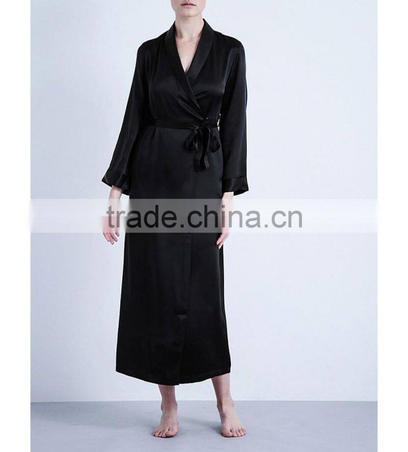 Customize ladies luxury silk full length robe, long sleeve dressing gown, black lapels long length dressing robe