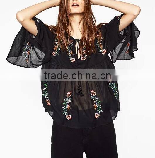 Runwaylover EY2375B 2017 Fashion Women Flare Sleeve Chiffon Embroidery Blouse
