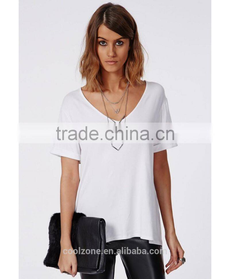 2015 Wholesale v neck loose short sleeve women t shirt custom plain t shirt