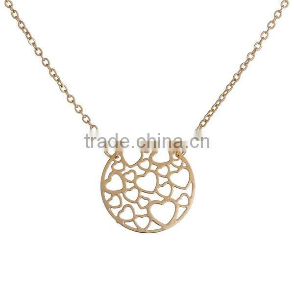 New Fashion Copper Filigree Stamping Necklace Link Cable Chain Gold Plated Round Pendant Heart Carved Hollow 40.5cm long